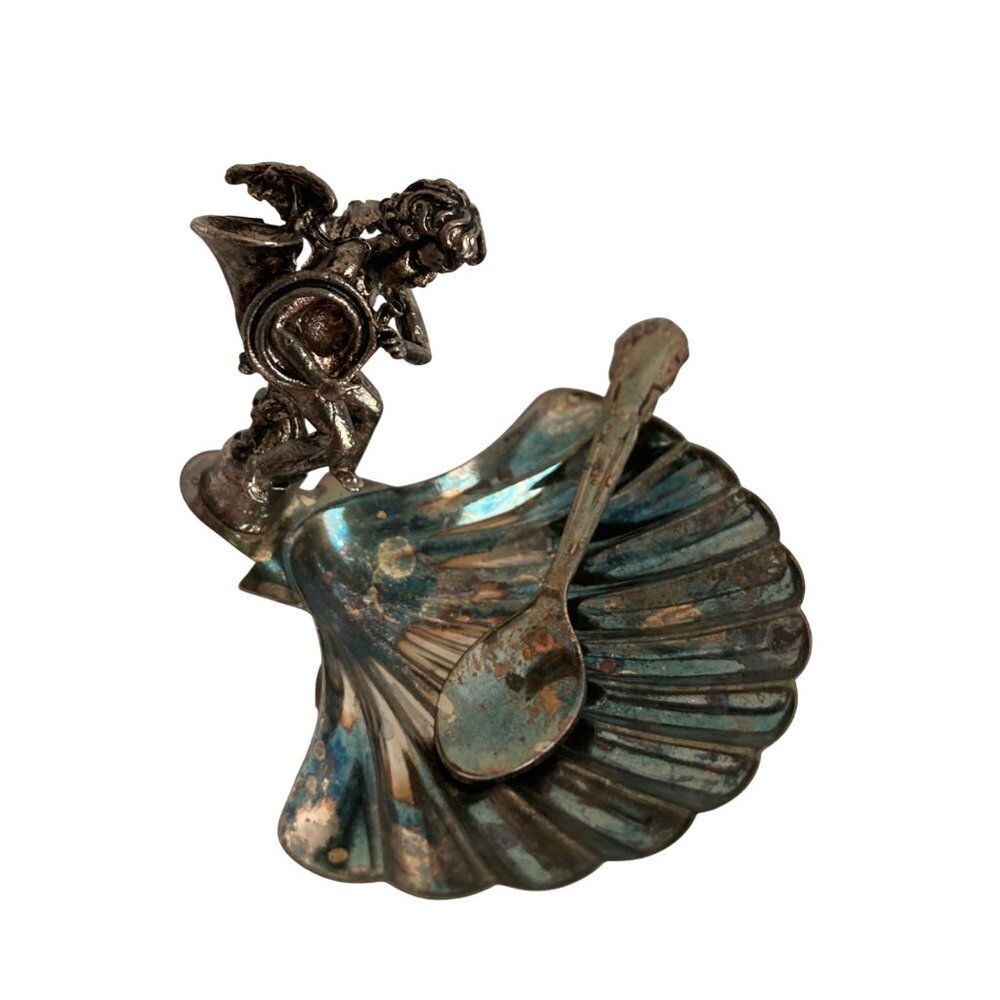 Vintage Silver Toned Cherub Scallop Shell Salt Cellar Decorative Spoon Included